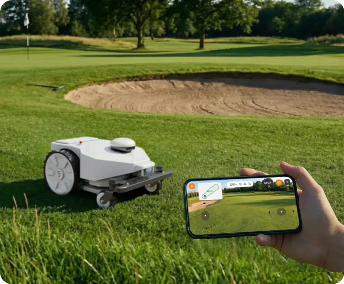 FJD FRX commercial robotic mower on managed turf