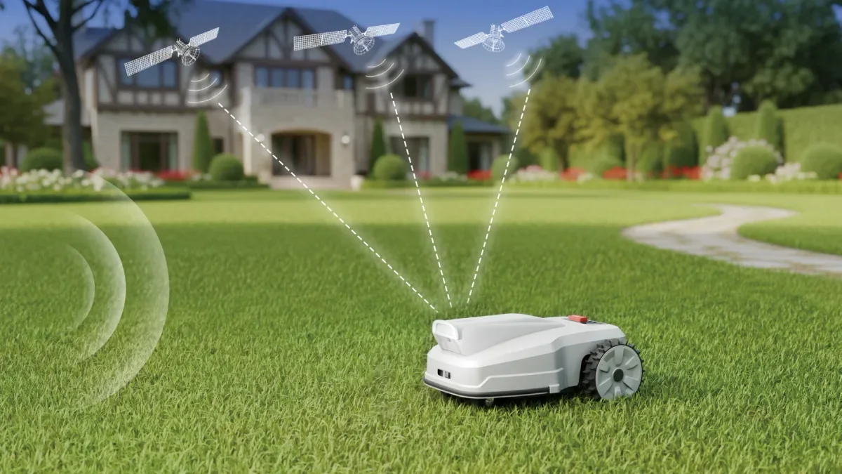 FJD FV2000 robotic lawn mower on a garden lawn