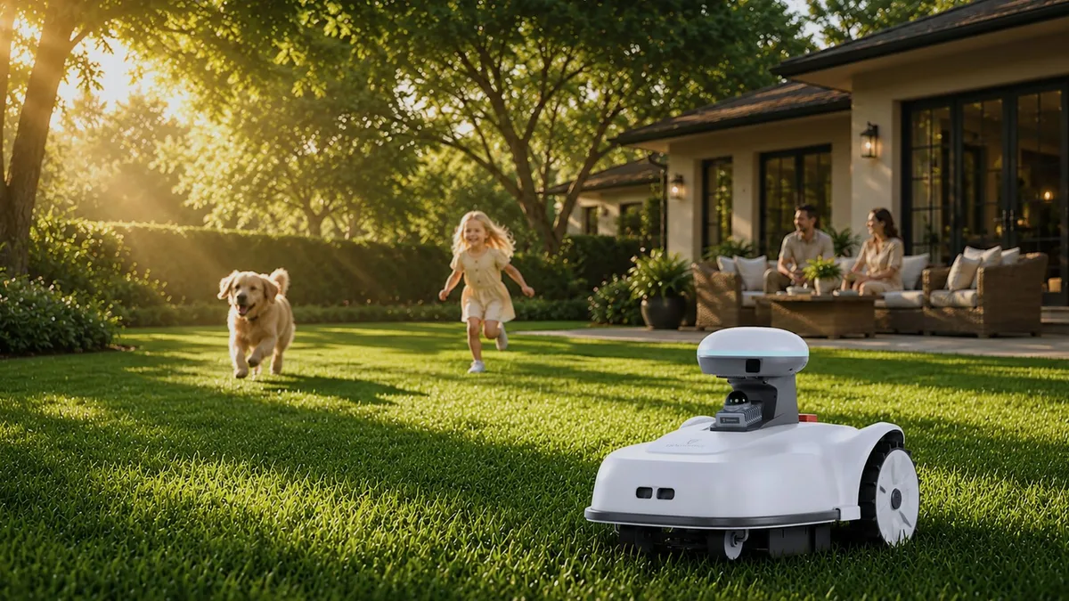 FJD Vela robotic lawn mower shown on a garden lawn